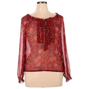 Olsenboye Long Sleeve Blouse Size XL Red‎ Ruffle Front Semi-Sheer Floral Design